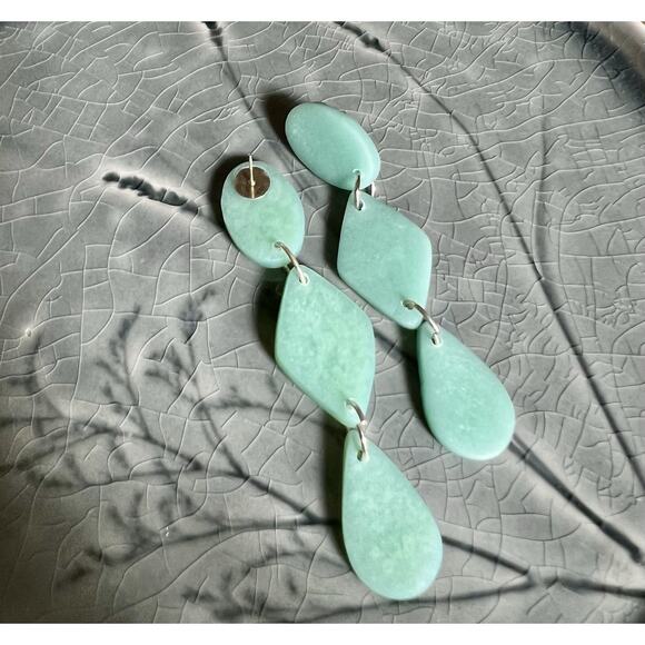 Handmade Polymer Clay Earrings Handcrafted Artwork Green Sea Glass Dangles - Picture 4 of 5